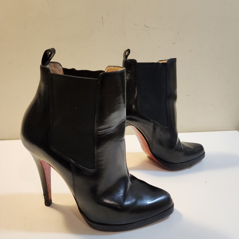 Christian Louboutin Black Leather Ankle Booties with Signature Red Soles - Picture 9 of 14
